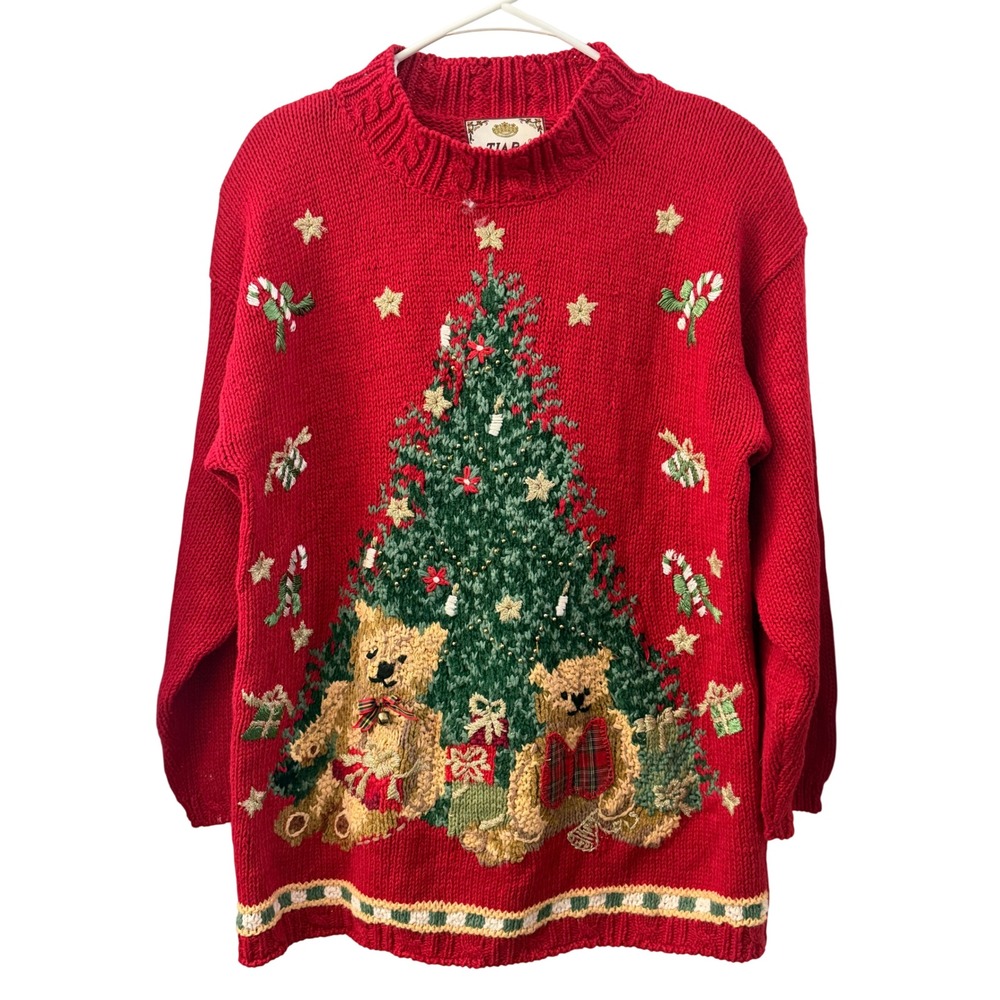 Tiara International Vintage 1998 Christmas Tree Teddy Bear Sweater Red Medium